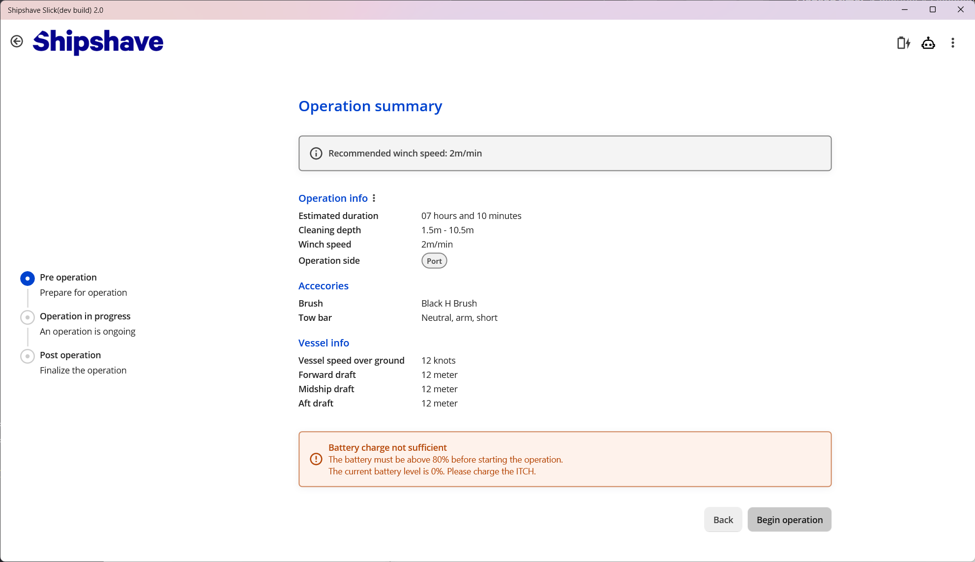 Pre-operation summary, battery low